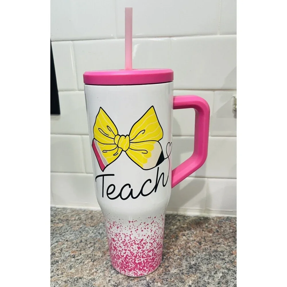 Pink Teacher Stainless Steel Tumbler Cup Mug Teach Pencil Heart Lid Straw 35 Oz